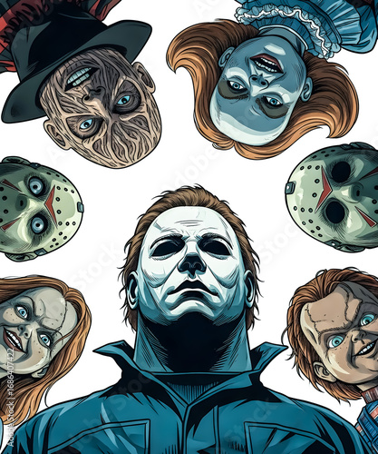 Halloween T-Shirt Design.Horror movie icon characters Michael Myers, Freddy, Jason, Chucky, and Pennywise.