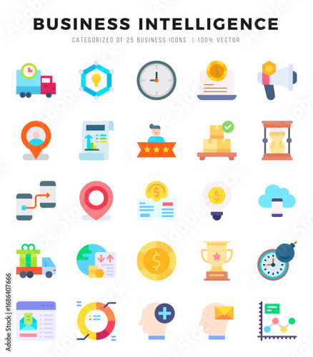 Collection of Business Intelligence 25 Flat Icons Pack.