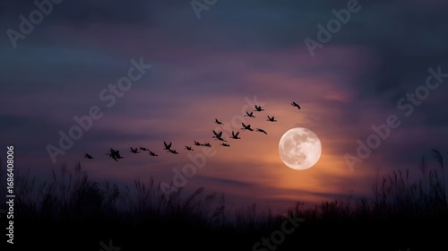 Silhouetted birds migrate across a vibrant purple and orange twilight sky with a bright full moon casting a warm glow