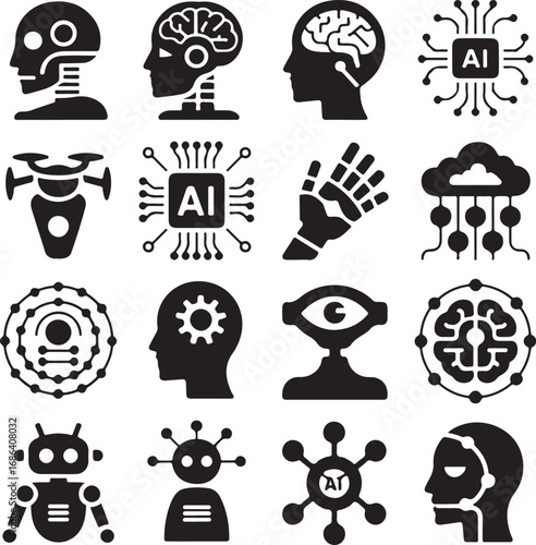 Artificial Intelligence Icons Robot Brain Drone And AI Chip Keywords: artificial intelligence, A