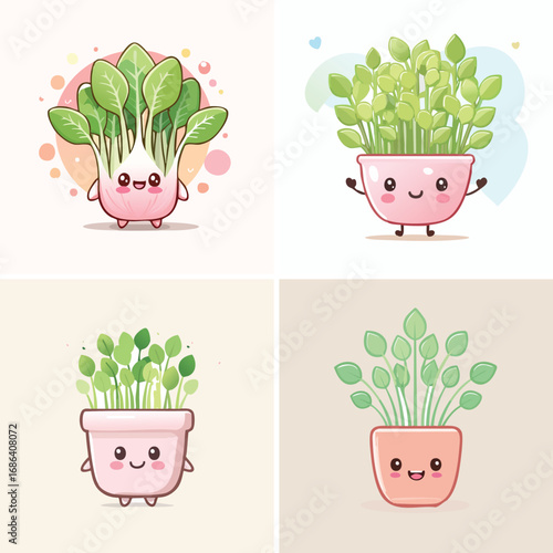 Cress pastel cute cartoon mashup, charming vector characters, soft joyful illustration.