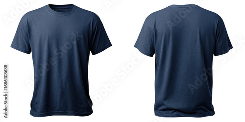 Front and back view of a plain navy blue t-shirt (2)