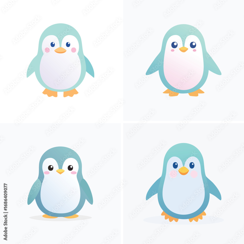 Naklejka premium Penguin cute pastel cartoon ensemble, lively vector illustration, cheerful expressions.