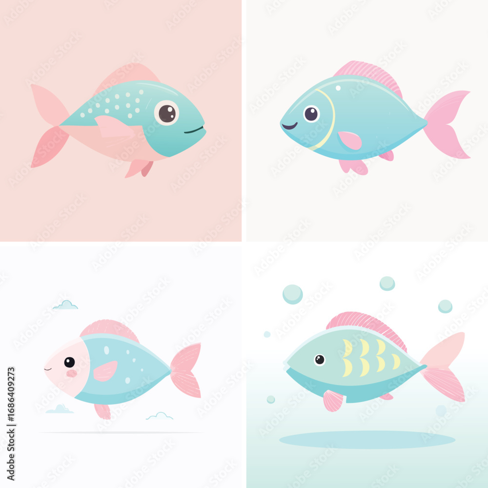 Fototapeta premium Fish cute pastel cartoon ensemble, lively vector illustration, cheerful expressions.