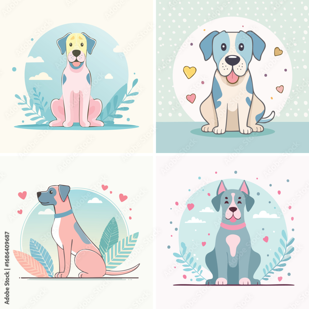 Obraz premium Great Dane cute pastel cartoon ensemble, lively vector illustration, cheerful expressions.