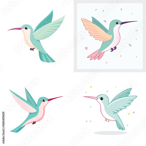 Hummingbird cute pastel cartoon ensemble, lively vector illustration, cheerful expressions.
