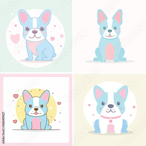 French Bulldog cute pastel cartoon ensemble, lively vector illustration, cheerful expressions.