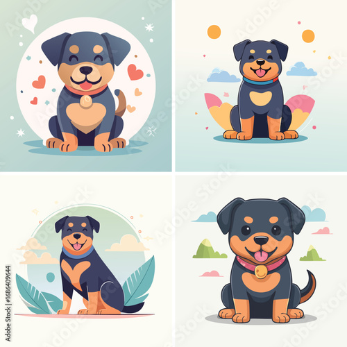 Rottweiler cute pastel cartoon ensemble, lively vector illustration, cheerful expressions.