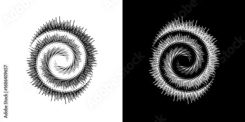 Dynamic abstract spiral sound wave rhythm lines. Circular spiral sound wave rhythm of lines. Circular futuristic abstract lines, black and white background.	