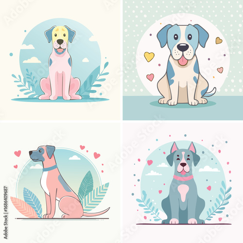 Great Dane cute pastel cartoon ensemble, lively vector illustration, cheerful expressions.