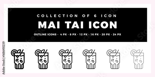 Mai Tai Cocktail Outline Icons Set - Collection of 6 Drink Icons
