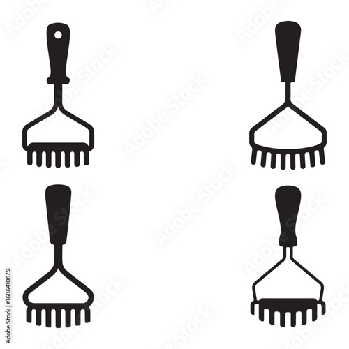 Four black and white icons of potato mashers.