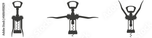 Corkscrew with levers in different positions. Wing opener silhouettes. Flat vector illustration isolated on white background.