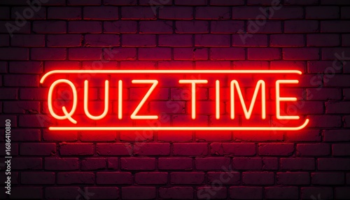 Bright red neon quiz time sign glowing on dark brick wall background in modern style
