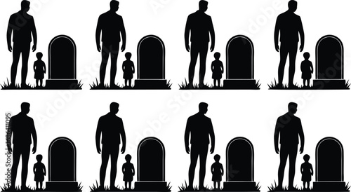 Black Silhouettes Man, Child, and Gravestone at Graveside, Bereavement Background