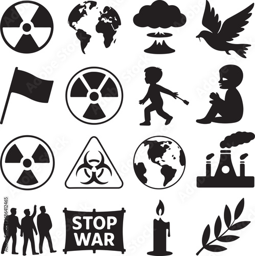Icons representing war, peace, and environmental concerns in silhouette radiation symbol earth