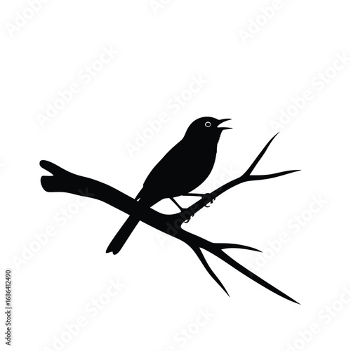 A stylized black vector illustration of a wild bird perched on a branch, showcasing its silhouette and detailed feathers