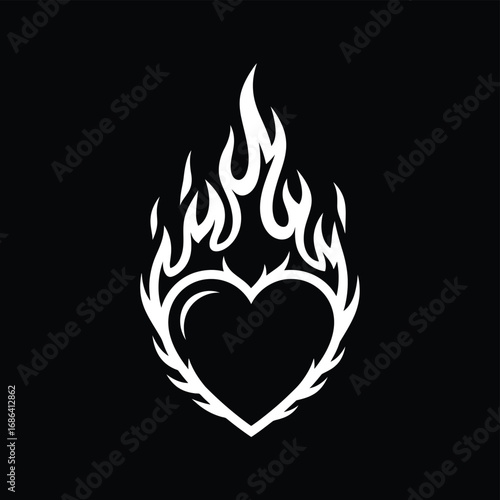 Flaming heart vector icon with a tribal tattoo design symbolizing a burning love
