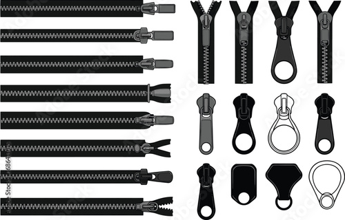 Cad drawing flat vector illustration of zipper set, clothing accessory collection, garment closure design, textile hardware template, fashion detail sketch