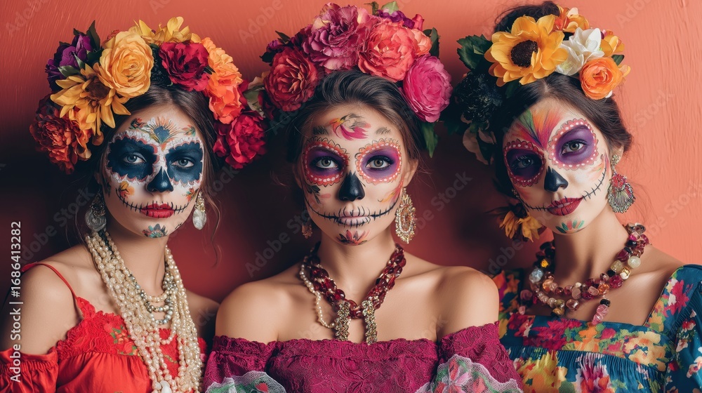 Obraz premium Dia de los muertos, Mexican holiday of the dead and halloween. Three women with sugar skull make up and flowers