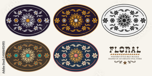 Floral Label belt buckle cowgirl style tag design rhinestones jewels flower stylized silhouette Western rodeo collection vector design. 