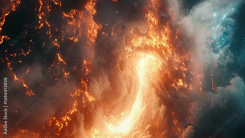 Wormhole opening in burning cloudscape in outer space