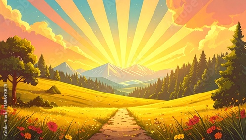 A sun-drenched vista of a serene, grassy valley