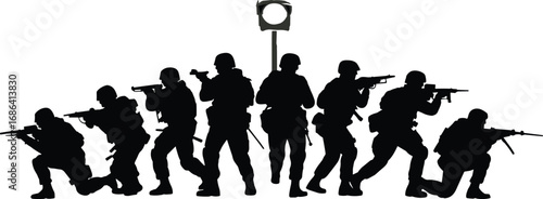 Combat soldiers in various shooting positions under spotlight in tactical battlefield scene with rifles for war, military defense, and strategy illustration