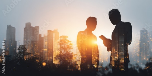 Business discussion with a stunning cityscape background at sunset