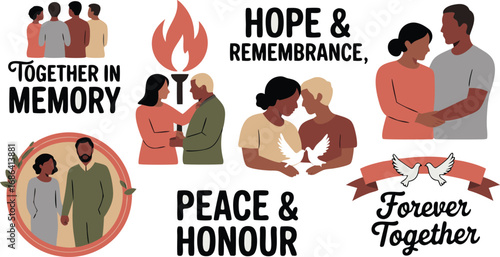 Diverse Couples and Symbolic Elements Representing Unity, Remembrance, Hope, Peace, and Enduring Love