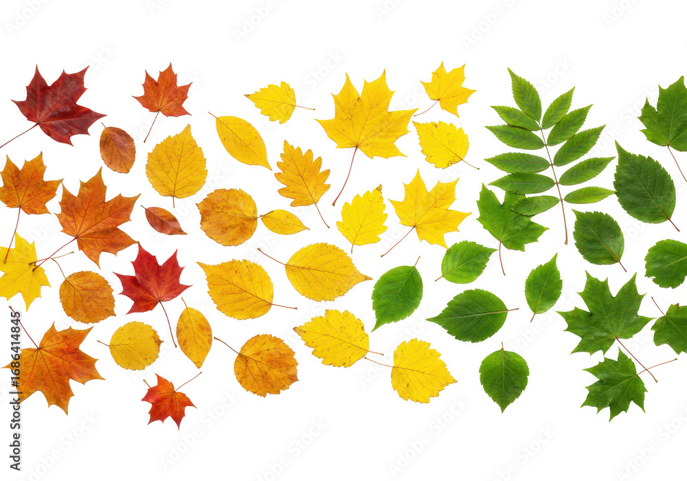 Fototapeta premium Autumn leaves in gradient color isolated on transparent background