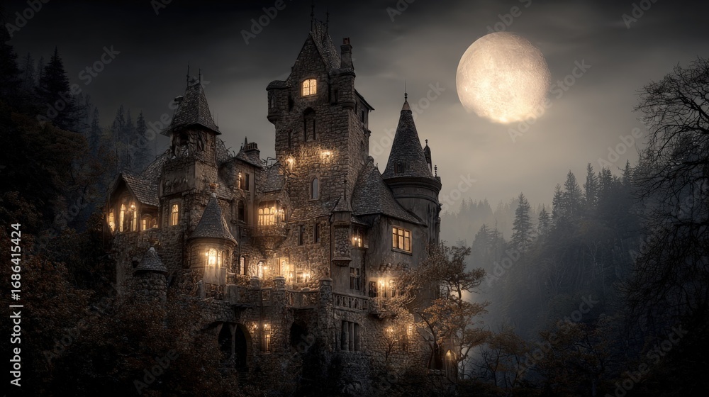 Obraz premium Majestic Stone Castle Under a Full Moon, Illuminated at Night, Mystical and Atmospheric