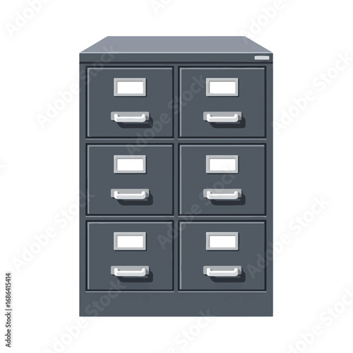 Illustration of a gray filing cabinet with six drawers and silver handles.