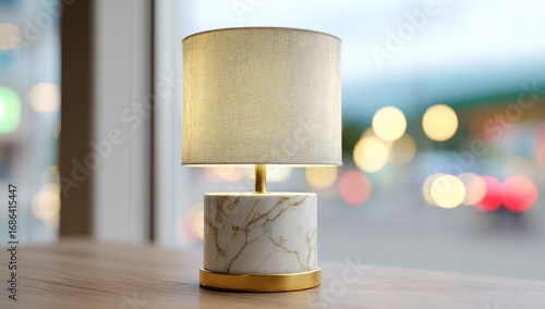 Fototapeta Naklejka Na Ścianę i Meble -  A beige table lamp with a marble base sits on a light-wood table, in front of a blurred city street scene