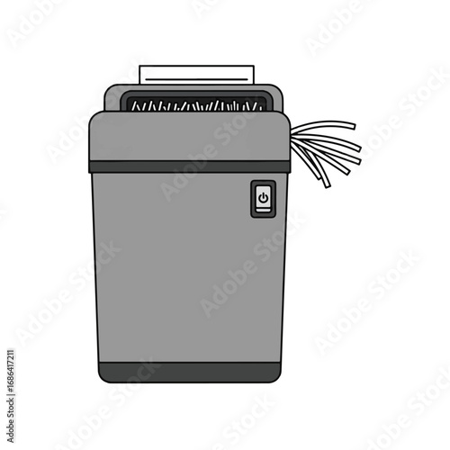 A gray paper shredder machine actively shredding documents, with strips of paper emerging from the side.