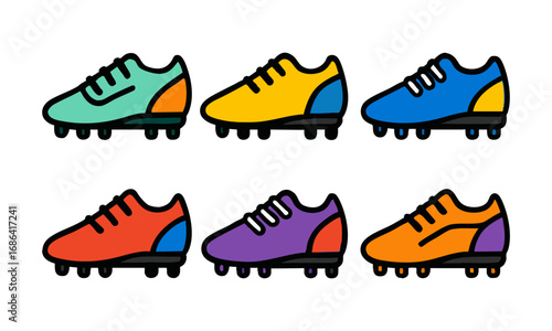 Vector Illustration of 6 Pairs of Soccer Boots in Different Styles and Colors, Flat Minimal Sports Equipment Design, easily editable and scalable.