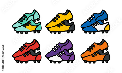 Vector Illustration of 6 Pairs of Soccer Boots in Different Styles and Colors, Flat Minimal Sports Equipment Design, easily editable and scalable.