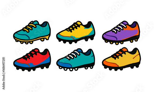 Vector Illustration of 6 Pairs of Soccer Boots in Different Styles and Colors, Flat Minimal Sports Equipment Design, easily editable and scalable.