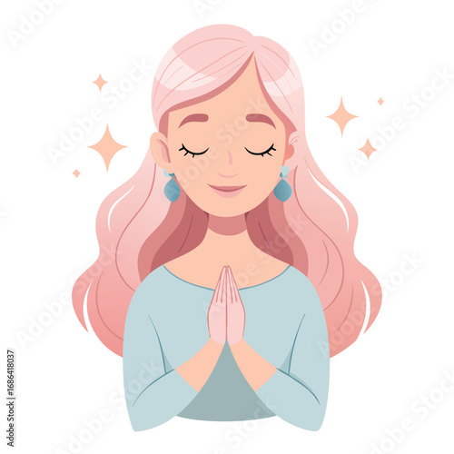 Charming vector illustration of a young woman with closed eyes and praying hands