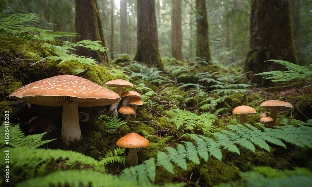 Fototapeta premium Enchanting forest floor reveals vibrant mushrooms nestled amongst lush green ferns and mossy trees