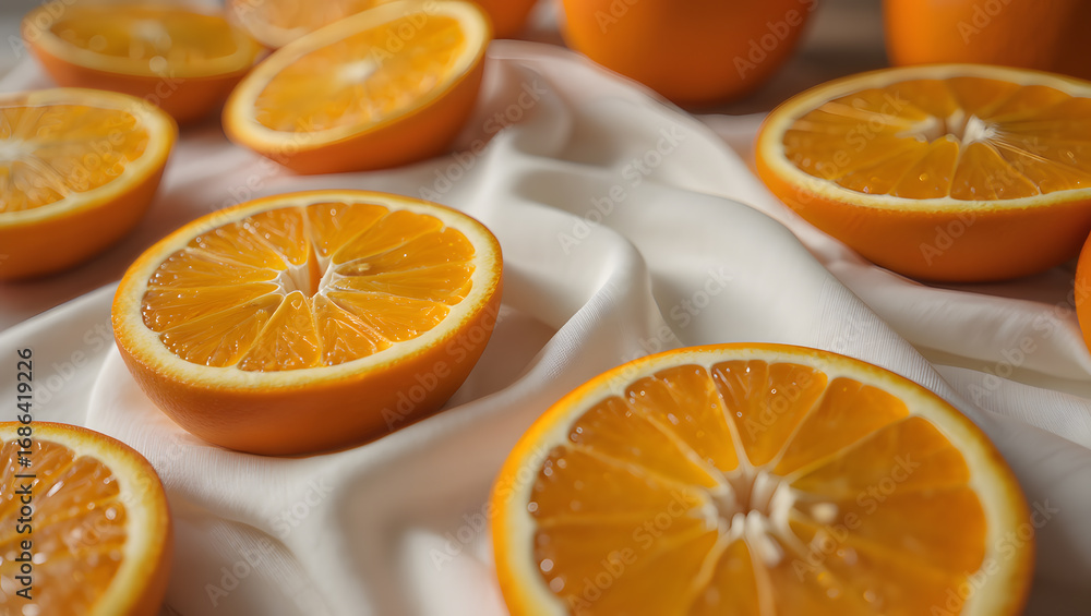 Fototapeta premium Fresh and juicy orange slices on a white cloth background, perfect for a healthy and refreshing snack