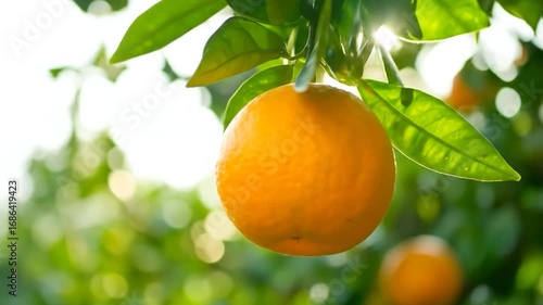 Ripe orange fruit hangs on a tree branch
