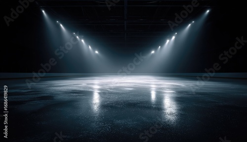 Empty ice rink, spotlights illuminate center