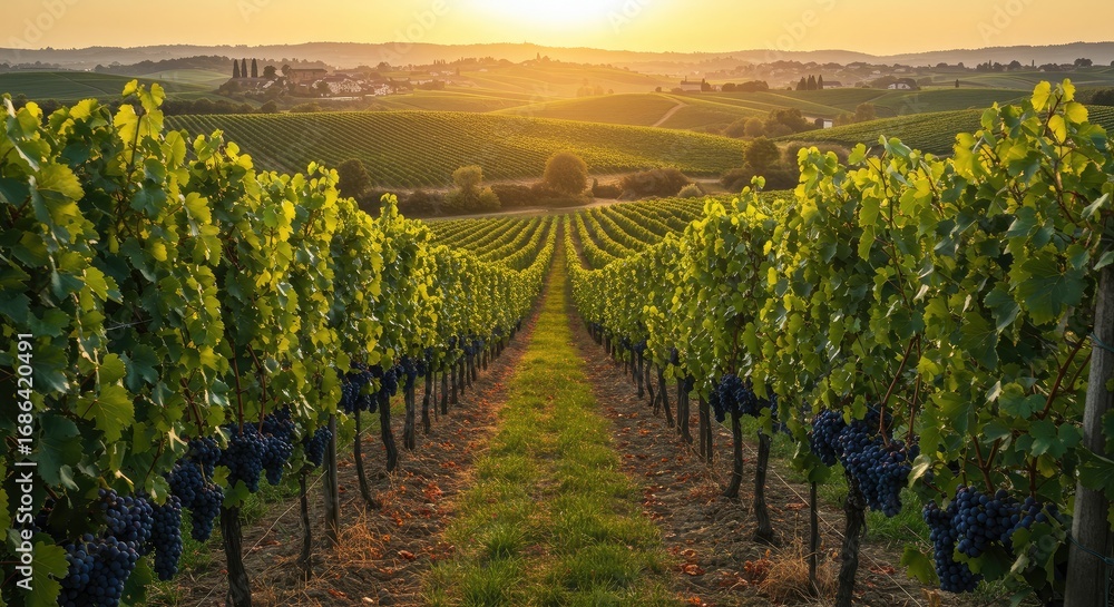 Fototapeta premium Rolling vineyard hills under warm sunlight with ripe grapes ready for harvest. Agricultural and rural beauty perfect for wine branding, lifestyle visuals, food campaigns, and eco-tourism projects high