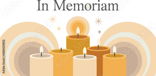 In Memoriam Text Above Lit Candles With Neutral Toned Rainbow Design Background