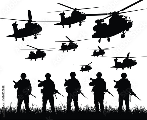 Silhouetted armed soldiers standing on battlefield under fleet of military helicopters flying above for war zone, combat, defense illustration