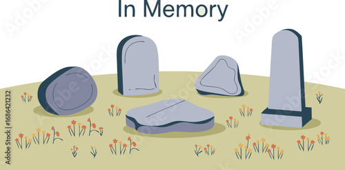 In Memory Illustration Featuring Simple Grave Markers Amidst Tiny Orange and Yellow Flowers