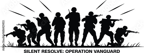 Tactical Soldier Silhouettes in Combat Formation with Rifles and Mission Text for Military Operation, War Strategy, Army Readiness, and Defense Illustration