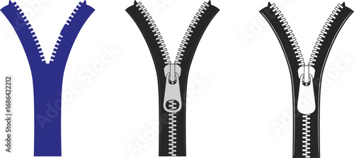 Three zipper styles vector illustration, Y-shaped garment closure design, fashion accessory CAD detail, zipper teeth and puller graphic elements