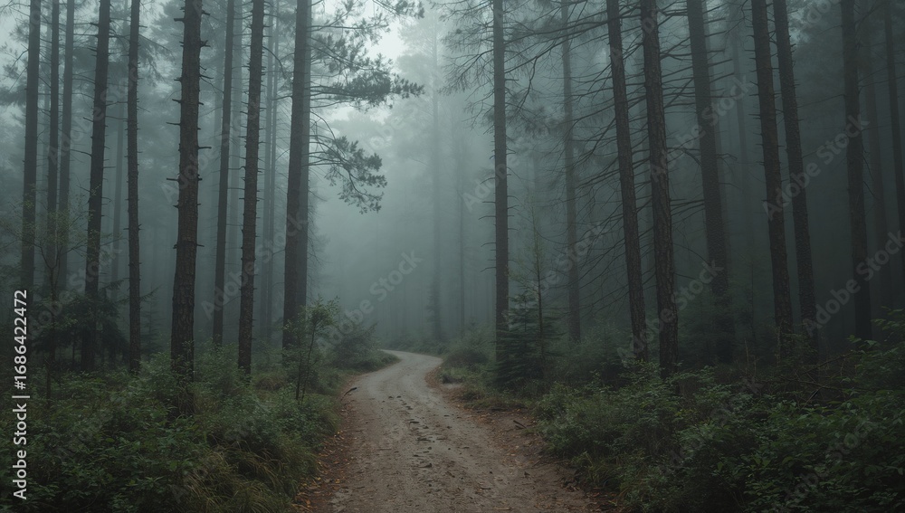 Fototapeta premium Mysterious winding dirt path through dense forest leading to light